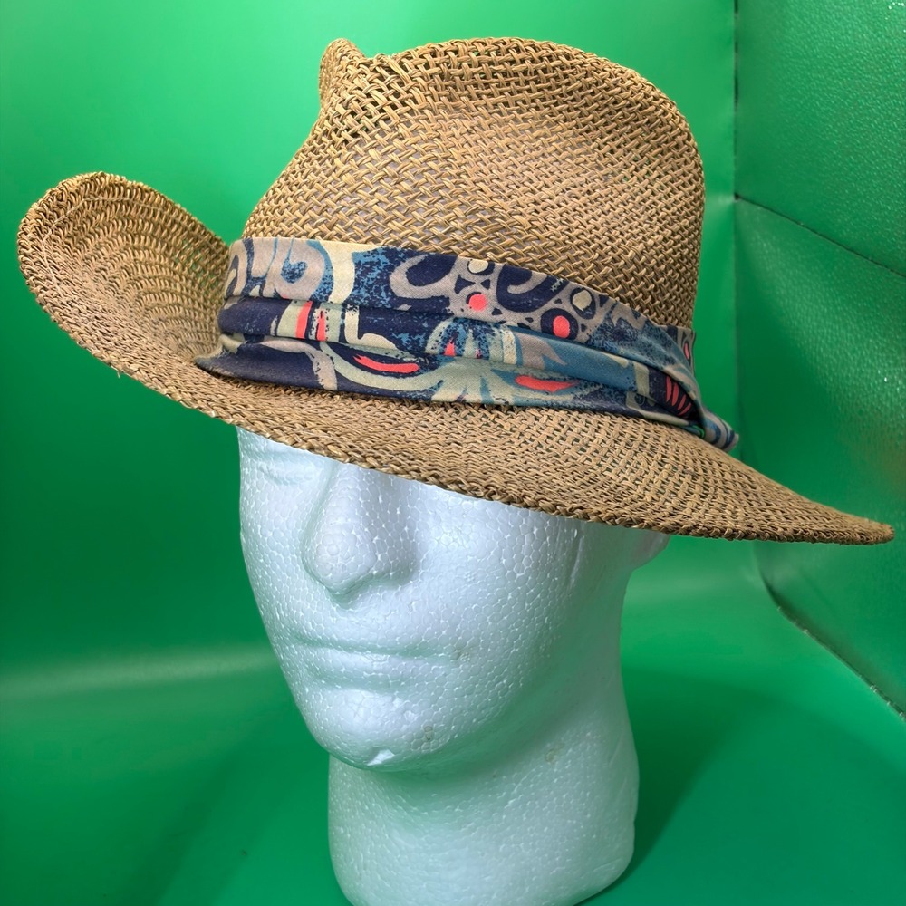 Peter Grimm Straw Fedora Hat Medium Tan Woven Boho Pattern Band Sun Cap USA Made